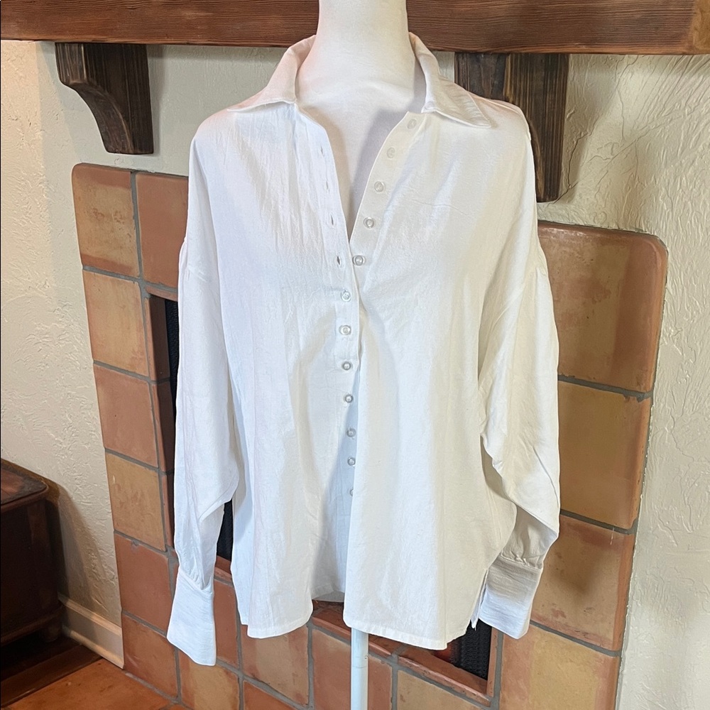 Boheme White Cotton Drop-Shoulder Oversized Fit Button Up , size 2